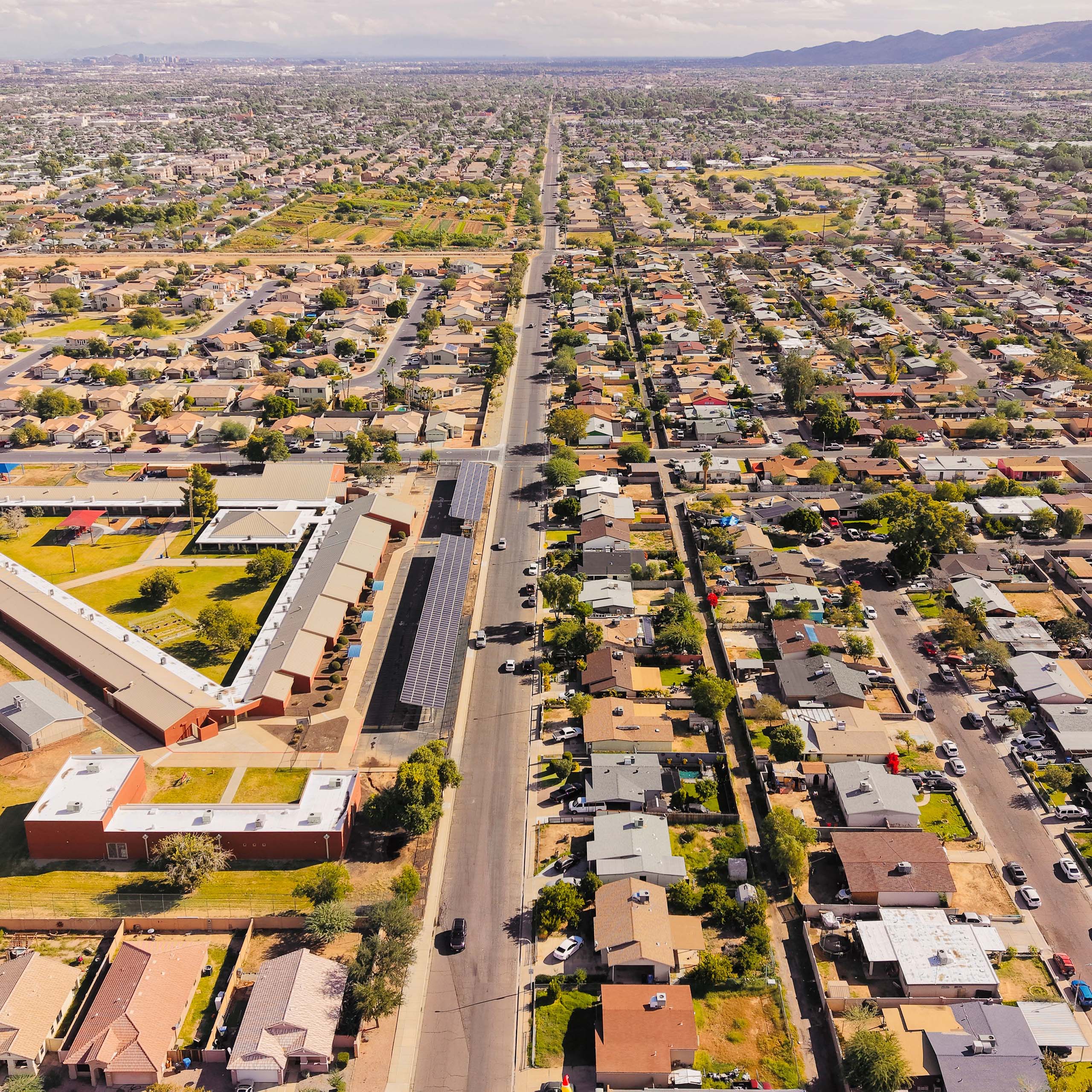 Aerial view of a Chandler, Arizona residential neighborhood near Phoenix, showing the suburban streets and homes served by local nanny care services