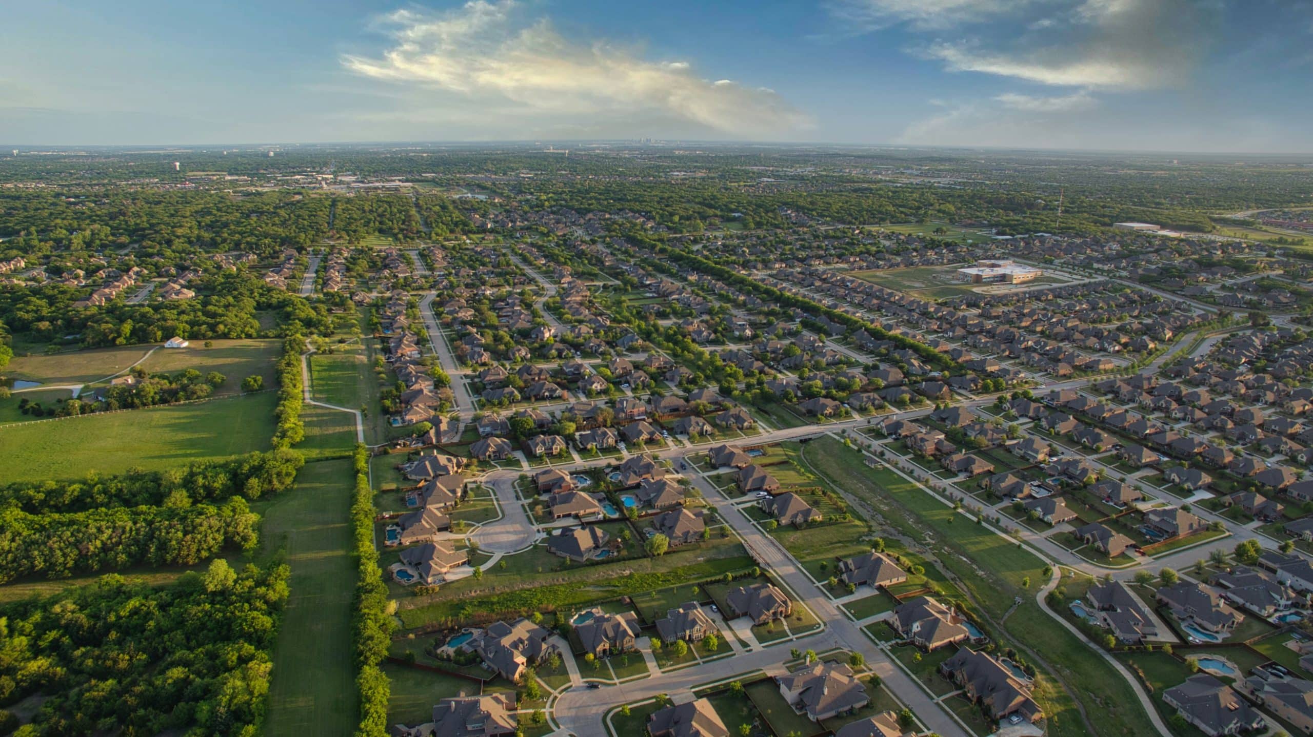 Aerial view of suburban neighborhood in Keller, Texas, part of the Dallas Fort Worth families served by nanny placement services