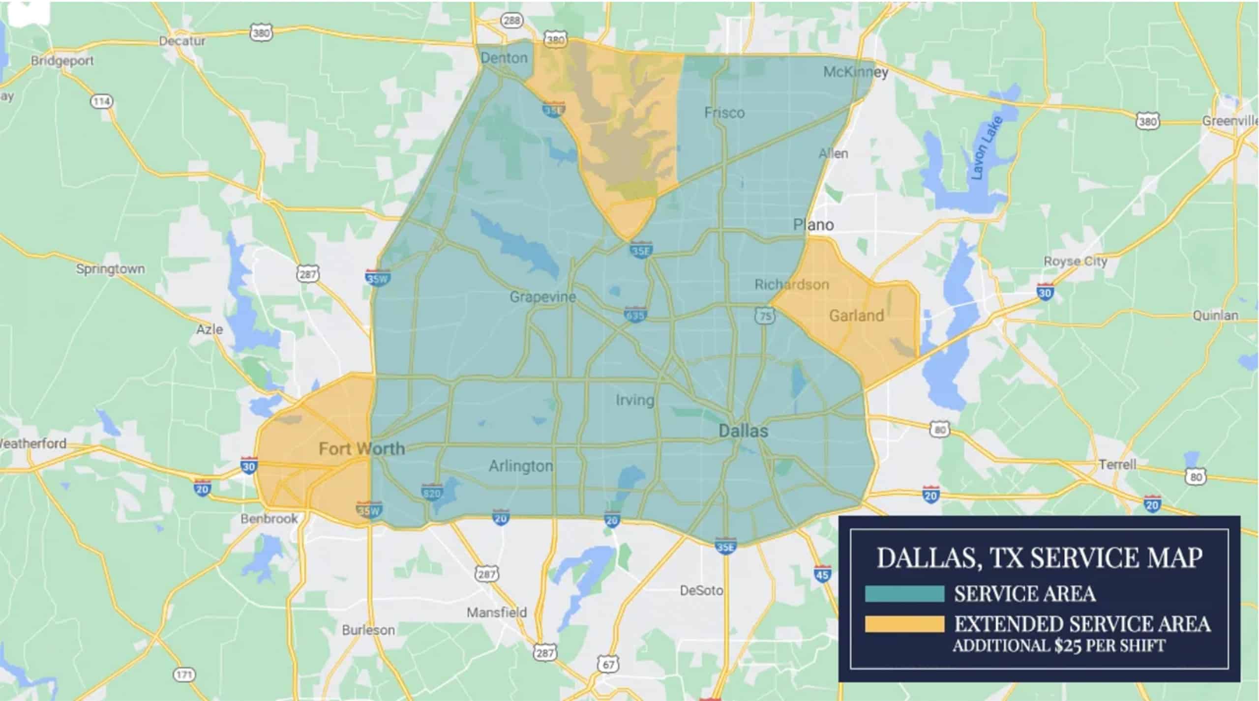 Map of Dallas, TX service area and extended service area with $25 shift fee, covering Fort Worth, Arlington, Irving, Plano, Frisco, and Grapevine