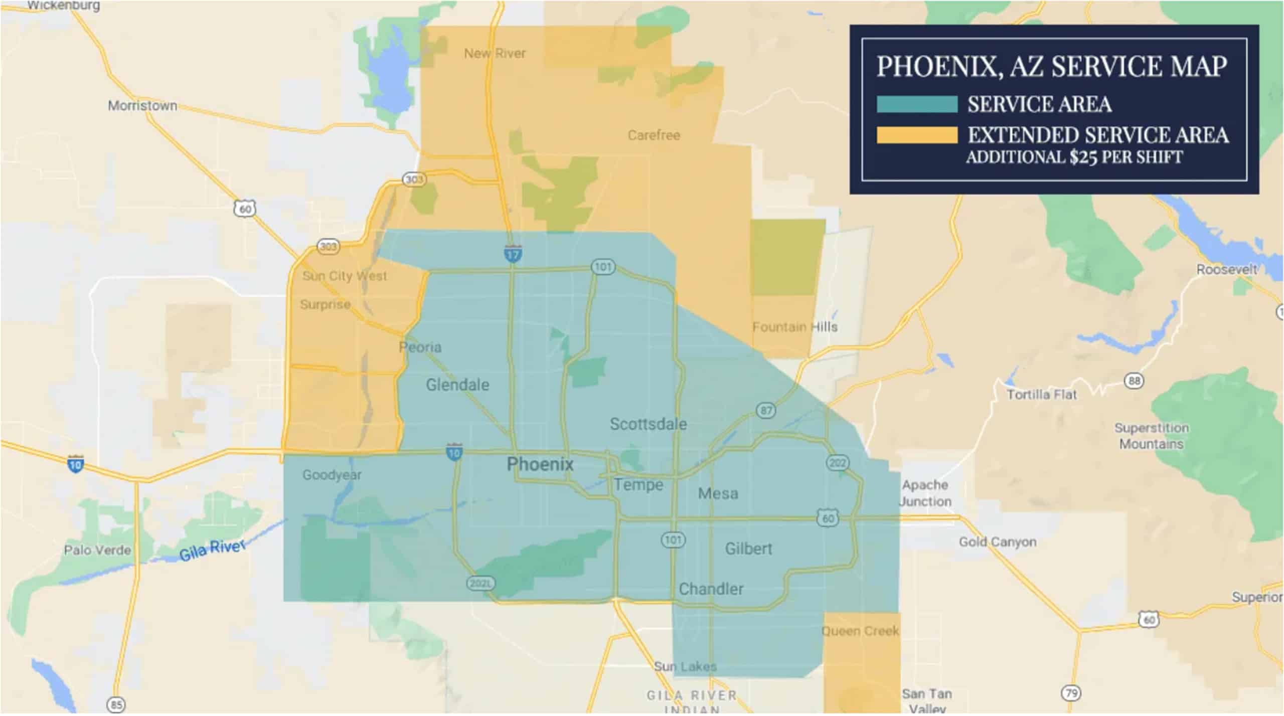 Map of Phoenix, AZ service area and extended service area with $25 shift fee, covering Glendale, Scottsdale, Tempe, Mesa, Chandler, and Gilbert