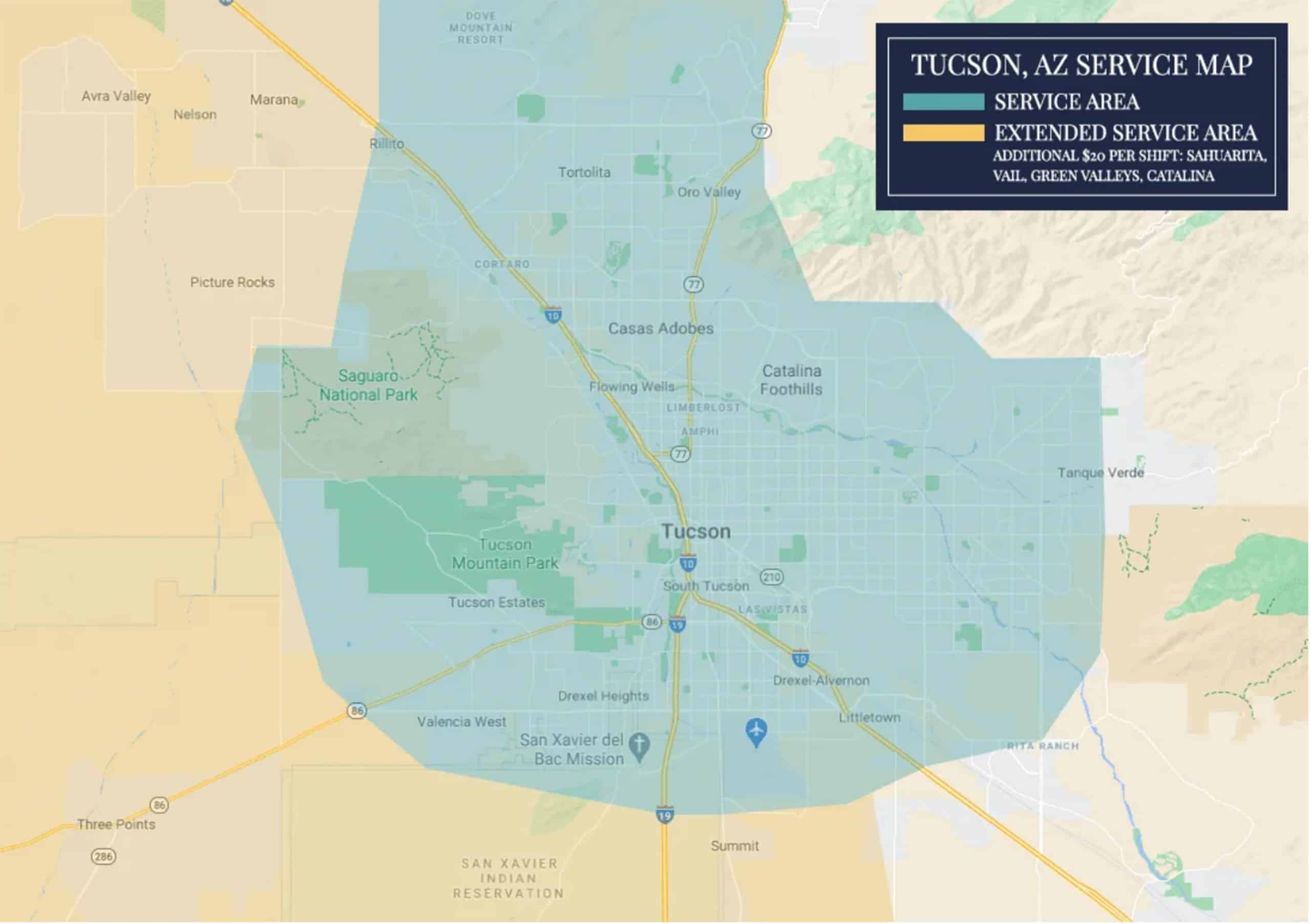 Map of Tucson, AZ service area and extended service area with $20 shift fee, covering Oro Valley, Catalina Foothills, Marana, Sahuarita, Vail, and Green Valley