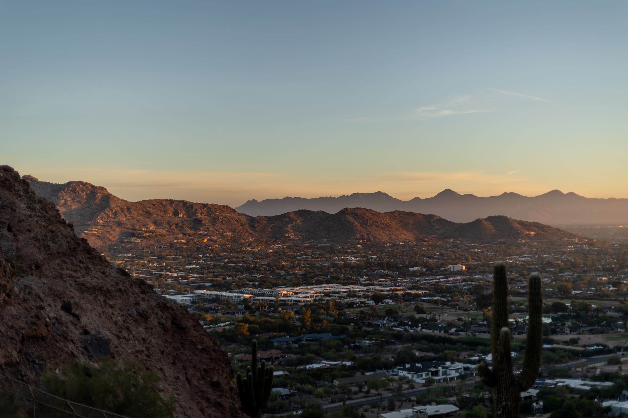 Sunset view of Scottsdale, Arizona desert mountains and valley, home to families served by Trusting Connections nanny agency