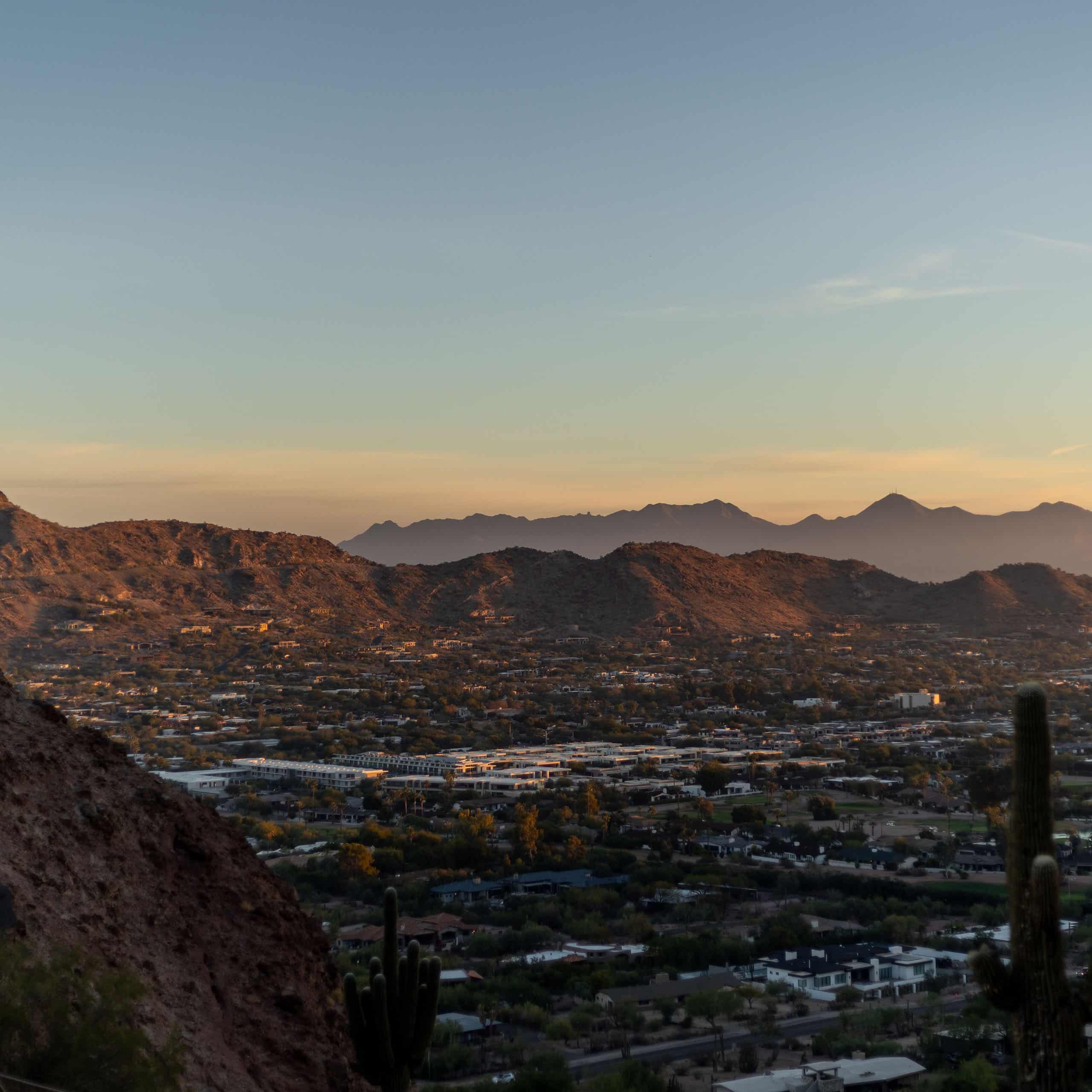 Sunset view of Scottsdale, Arizona desert mountains and valley, home to families served by Trusting Connections nanny agency
